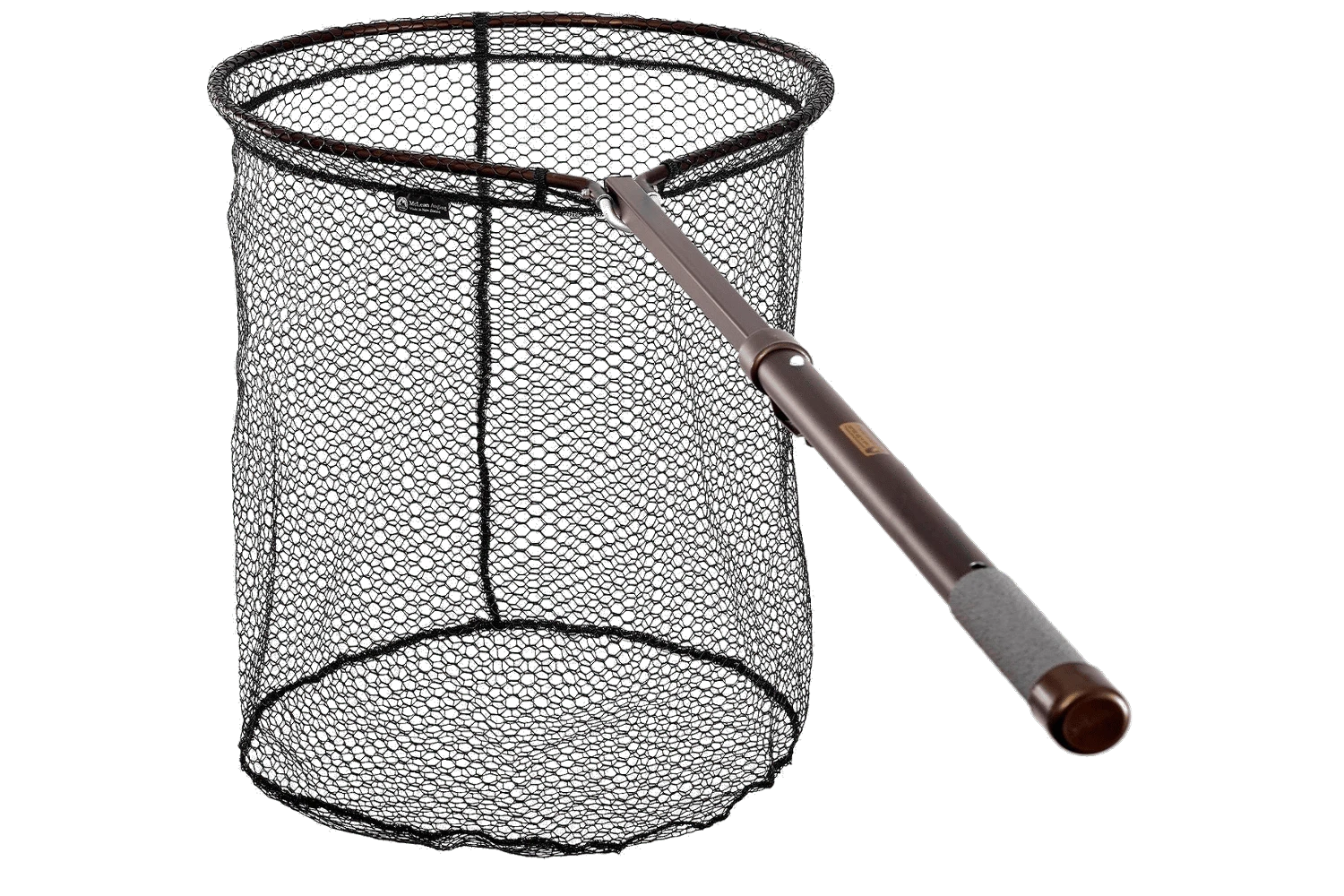 Deep black rubber mesh landing net with brown aluminum folding handle and grey foam grip, auto-eject fishing net