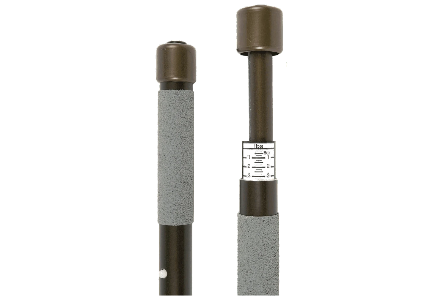 McLean Angling telescopic weigh net poles in olive-brown metal with grey foam grip and brown plastic end cap and scale