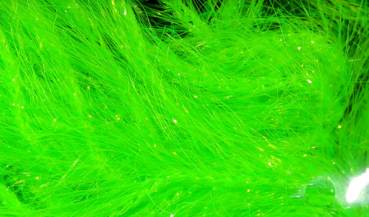 Chartreuse green Hareline Krystal Hackle synthetic fibers with glittery flash, fluffy fly tying hackle material