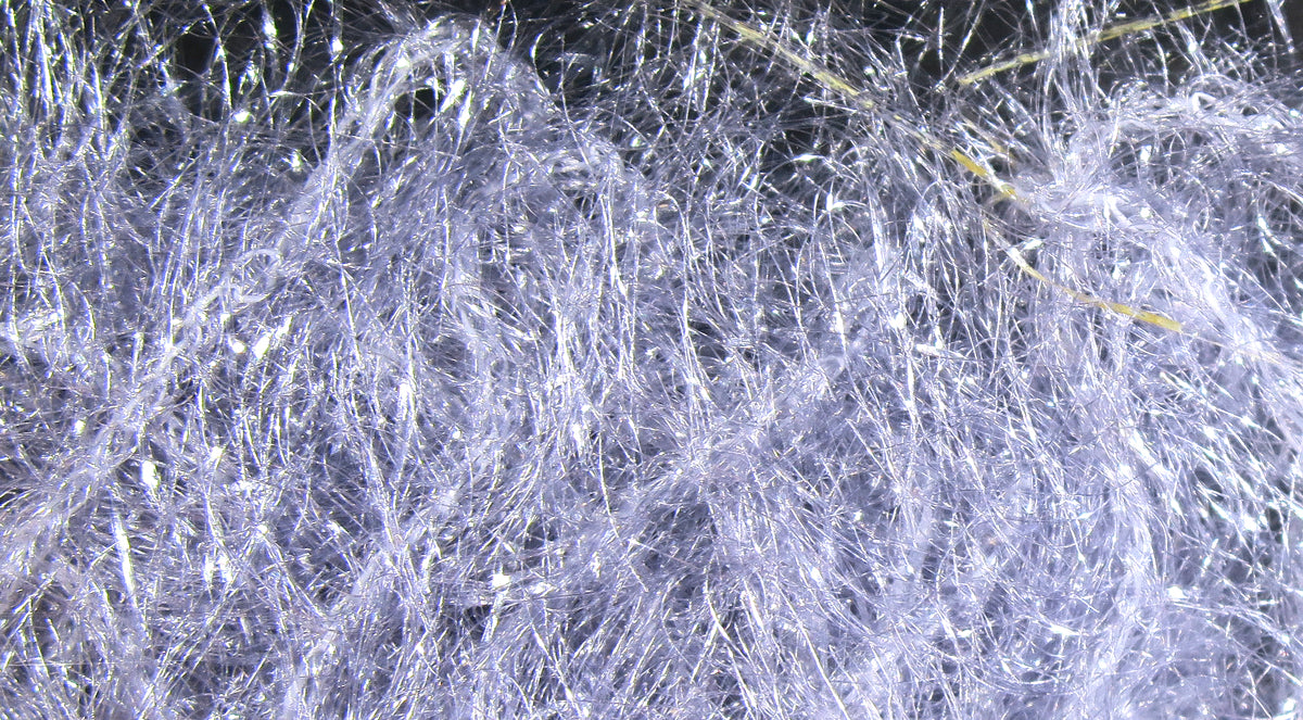 Silvery iridescent synthetic fibers, fluffy hackle strands with sparkle, Hareline Krystal Hackle for fly tying