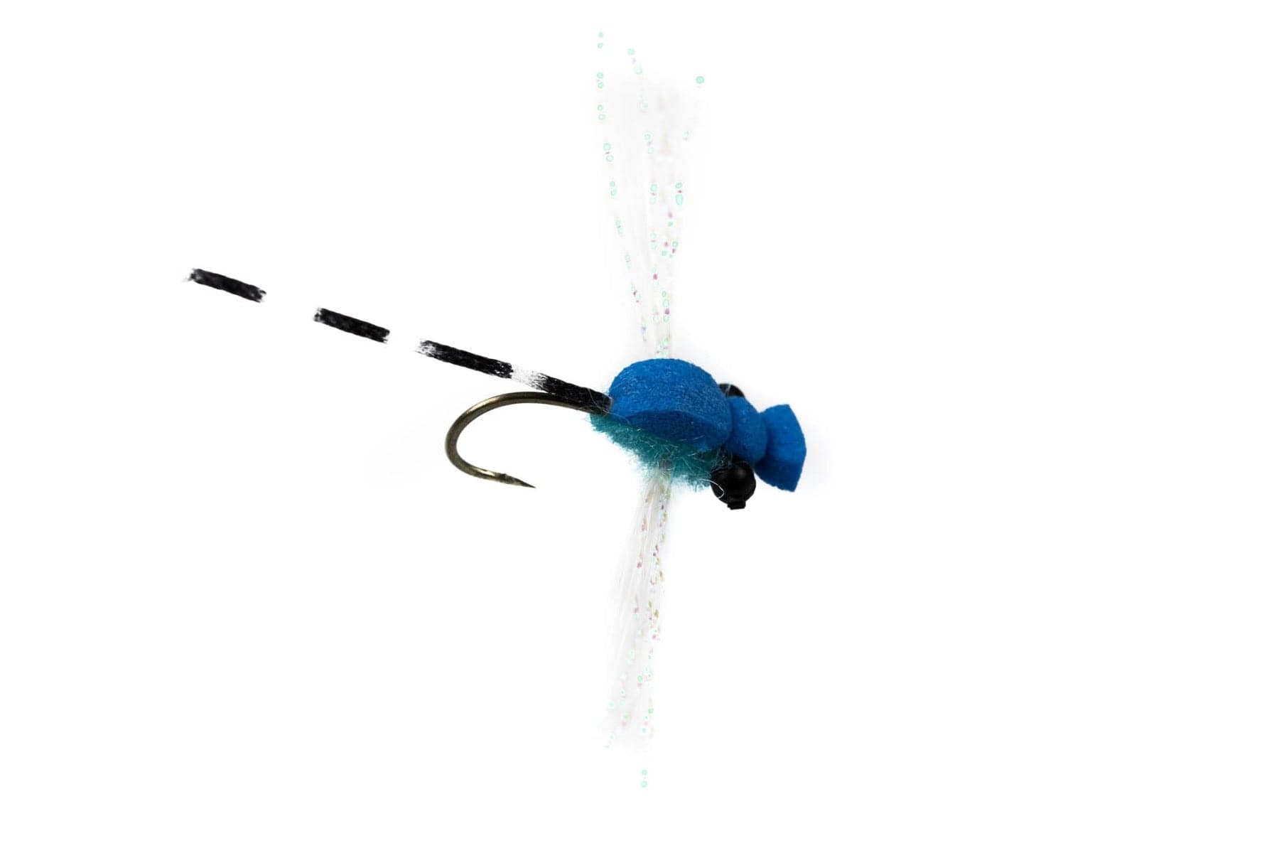 Blue foam Adult Damsel dry fly with segmented body, black rubber legs, white iridescent wing fibers and bronze hook