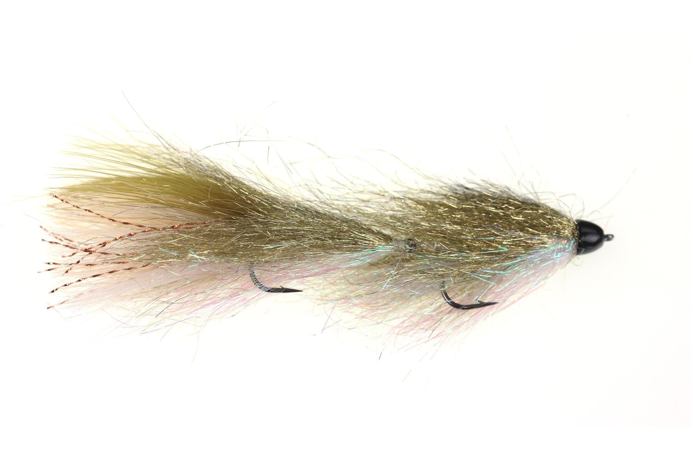 Olive-gold articulated sparkle minnow streamer with pearlescent pink flash, tinsel fibers, double hooks and black bead head