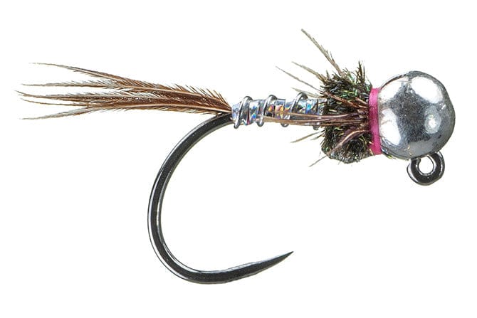 Silver bead head Lightning Bug jig fly with peacock herl body, pink collar, silver ribbing and brown feather tail