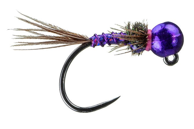 Purple bead head lightning bug jig fly with iridescent peacock herl body, purple ribbing and brown feather tail on black hook