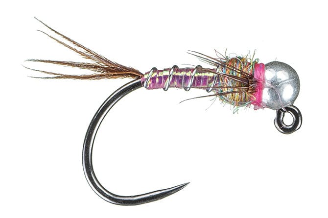 Silver bead head Lightning Bug jig fly with pink collar, iridescent dubbing thorax, purple-wrapped body and brown tail