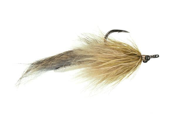Morril's Layup tan marabou streamer fly with fluffy tan body, long gray-tipped tail, beaded eye and black hook