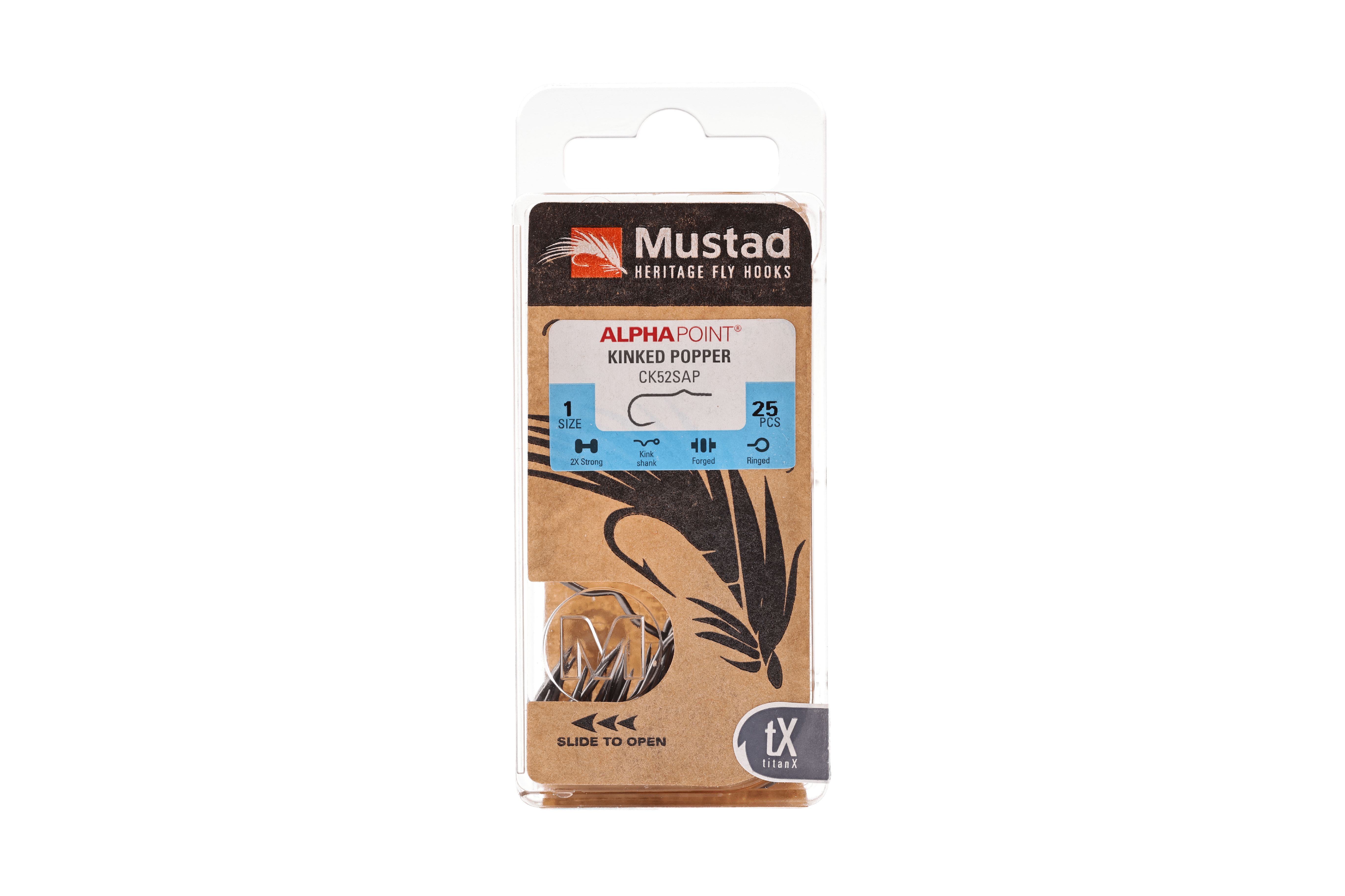 Mustad Alpha Point kinked popper fly hooks in clear plastic blister pack with kraft backing and visible silver hooks
