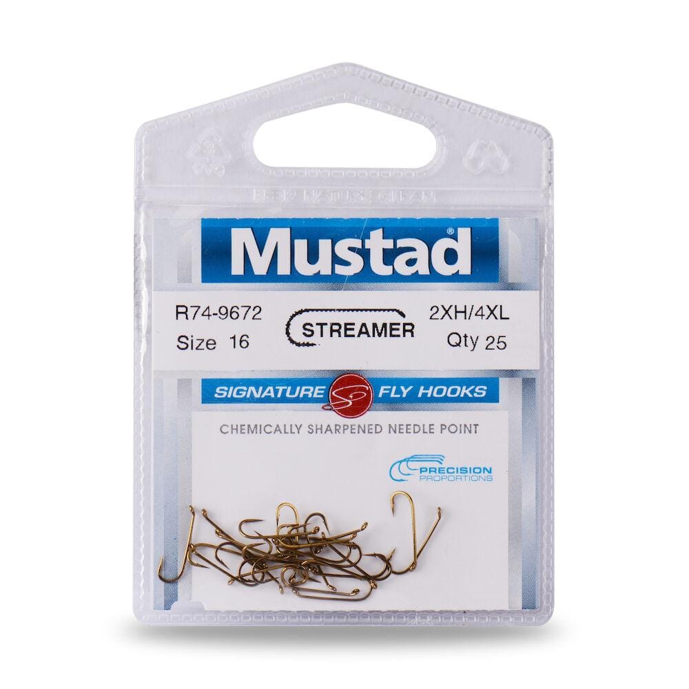 Mustad R74NP-BR streamer fly hooks in clear plastic pack, bronze needle-point hooks piled at bottom, size 16, qty 25