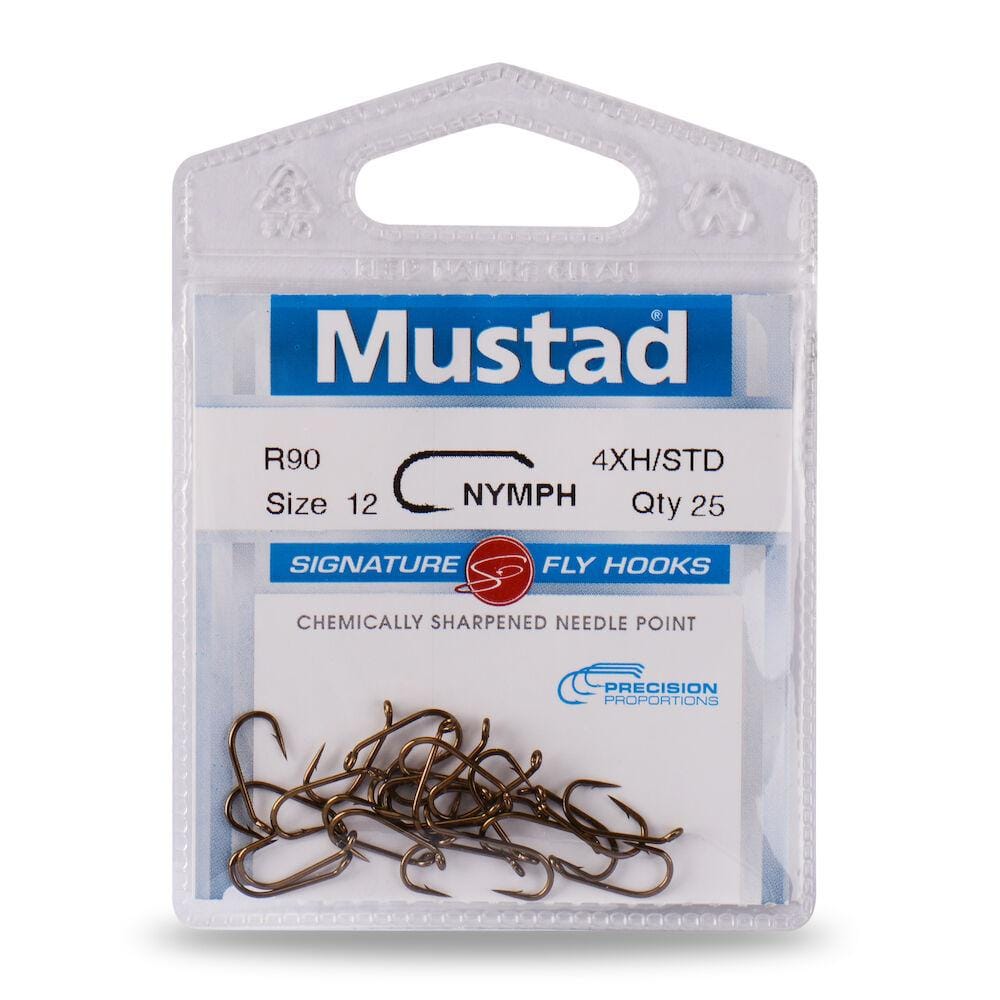 Mustad bronze heavy nymph fly hooks size 12 metal in clear blister pack, 25 per pack