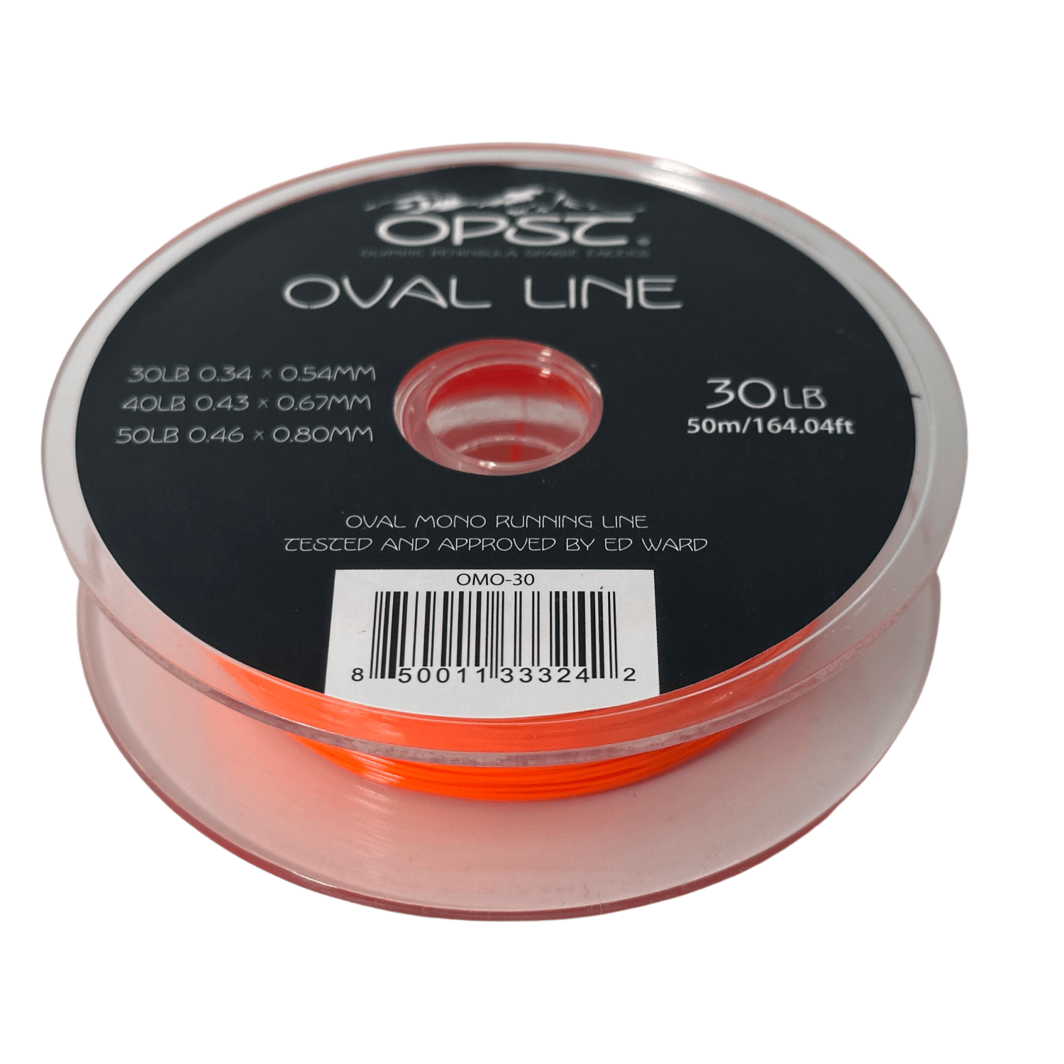 OPST Oval Mono running line spool with bright orange fishing line on clear plastic reel and black label marked 30LB