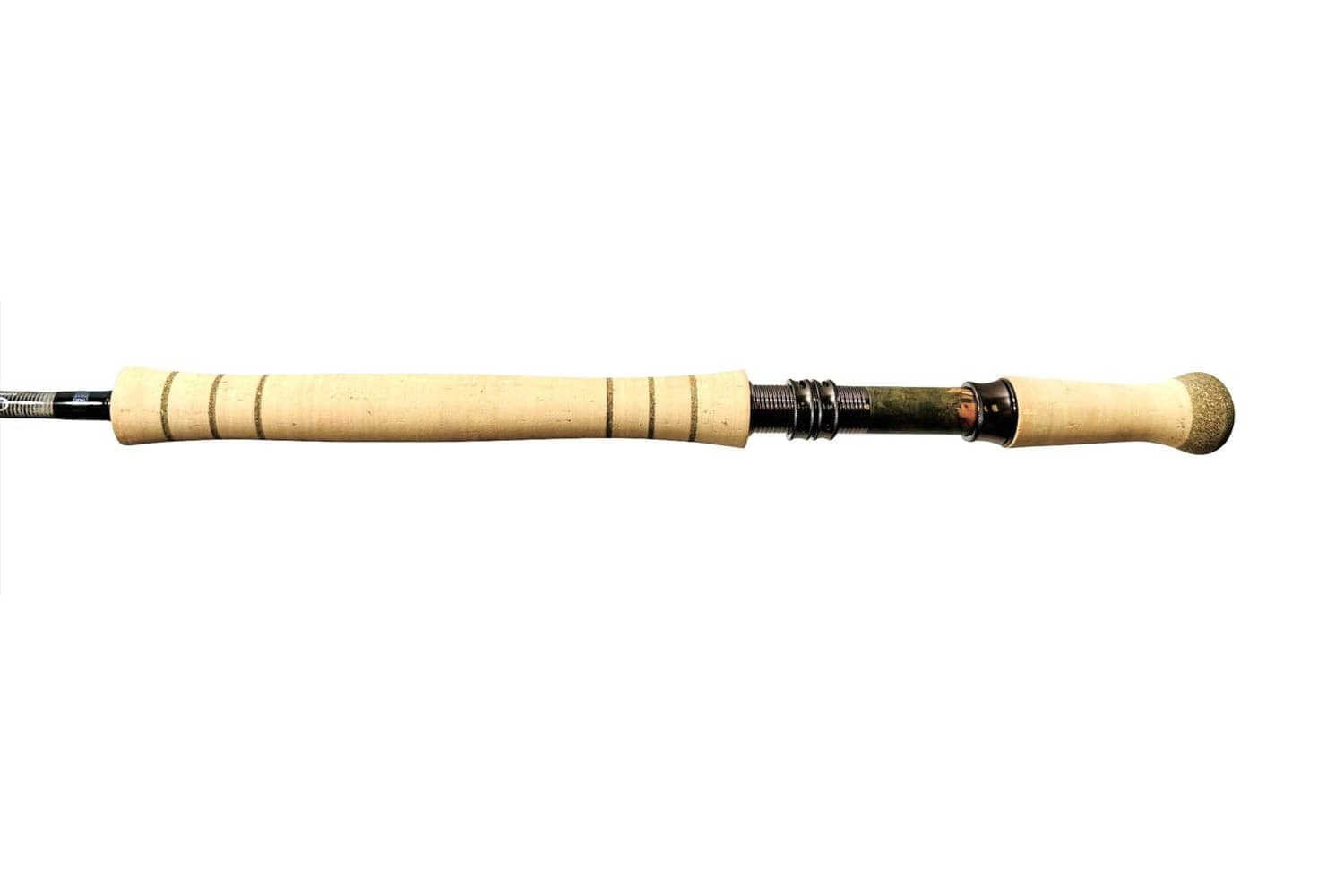 OPST MS Micro Series II spey rod with long natural cork handle, dark metal reel seat and olive-green blank