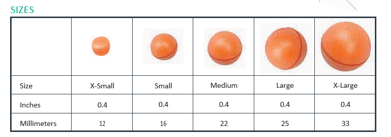 Oros Lightnin' Eggs soft beads size chart showing orange round soft beads from X-Small (12mm) to X-Large (33mm)
