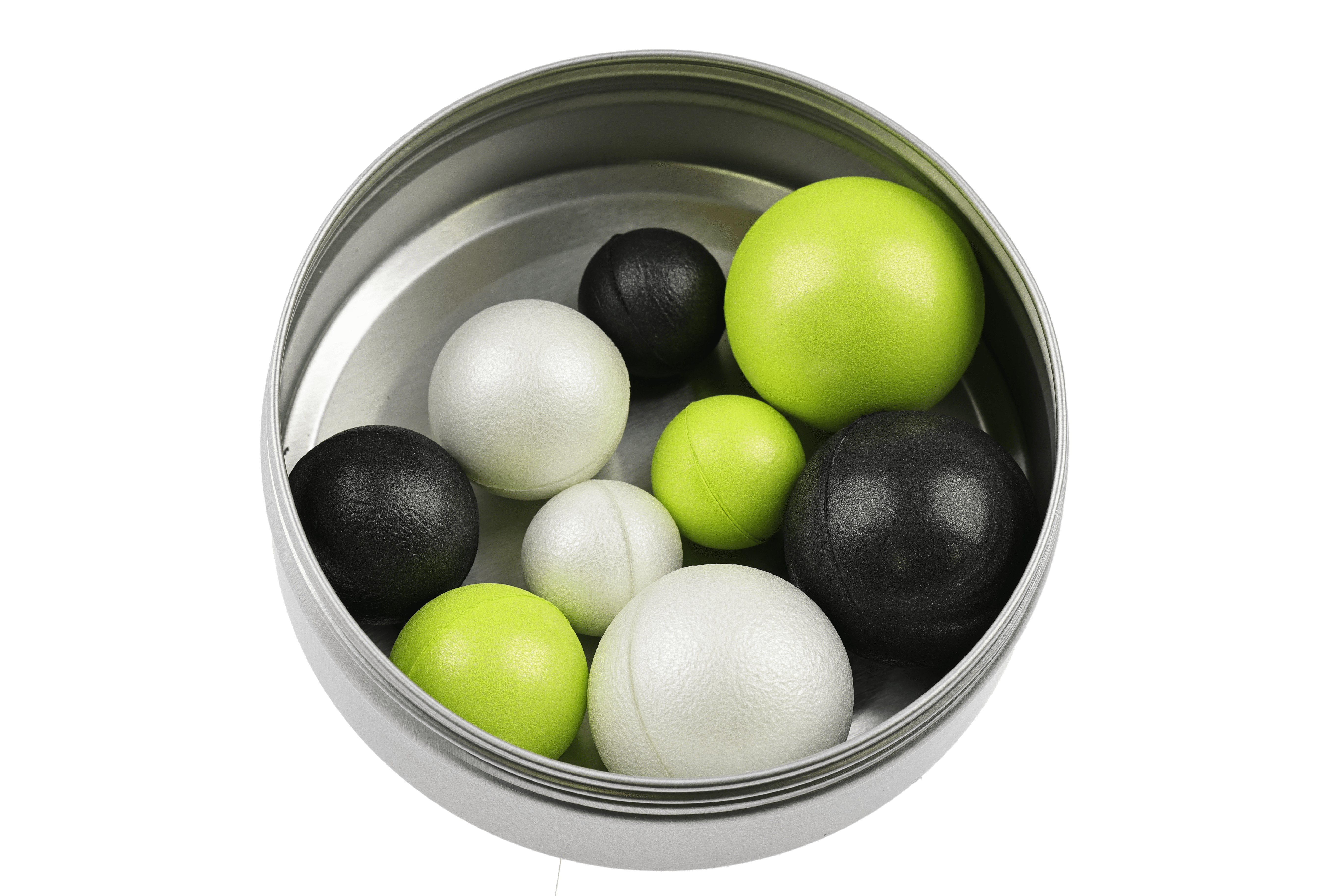 Metal tin of nine Oros strike indicators, foam balls in chartreuse, white and black, textured finish fishing accessory
