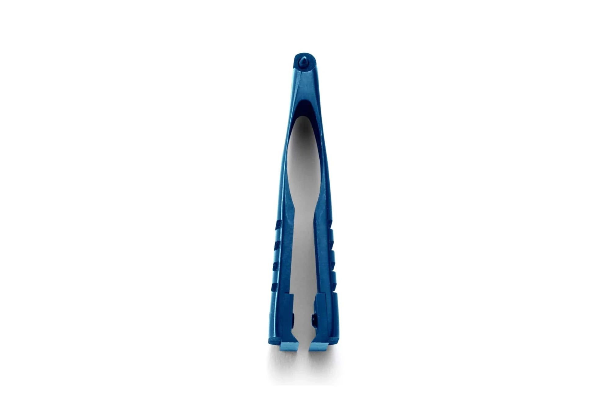 Blue anodized aluminum Orvis Flow Nipper with tapered slim design and serrated grip for fly fishing line trimming