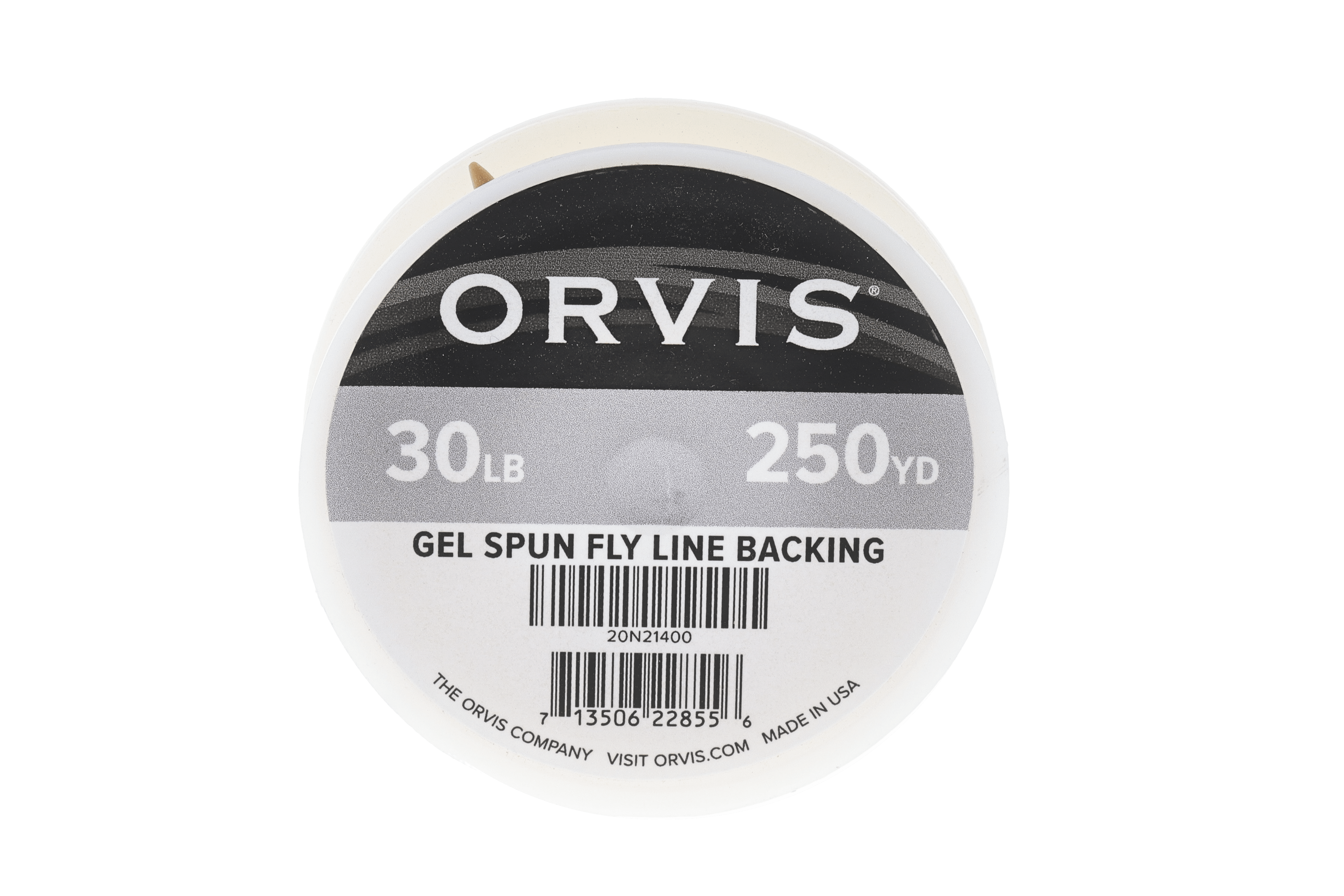 Orvis gel-spun fly line backing spool with off-white braided backing on white plastic reel and black-gray label 30 lb 250 yd