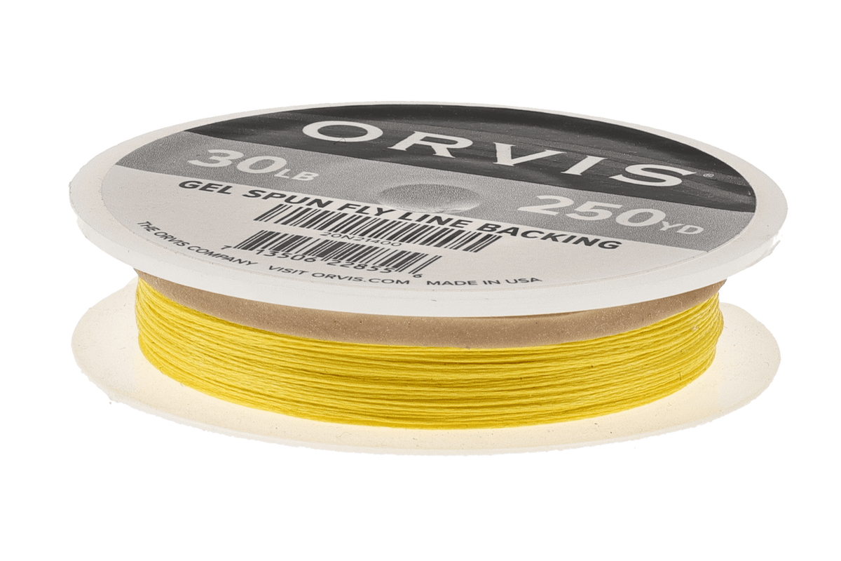Orvis bright yellow gel-spun fly line backing wound on white spool with labeled top showing 30 lb 250 yd