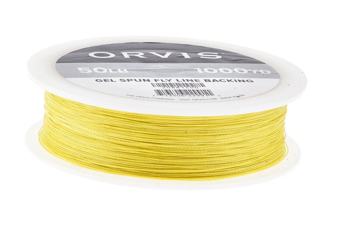 Orvis gel-spun fly line backing spool with bright yellow braided backing on white plastic reel, 50lb label visible