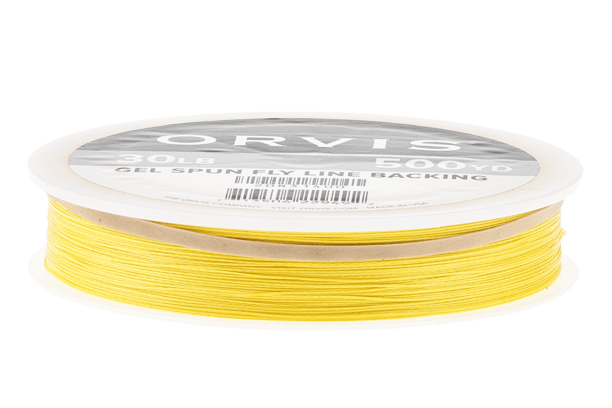 Orvis bright yellow gel-spun fly line backing wound on white plastic spool with gray branded label