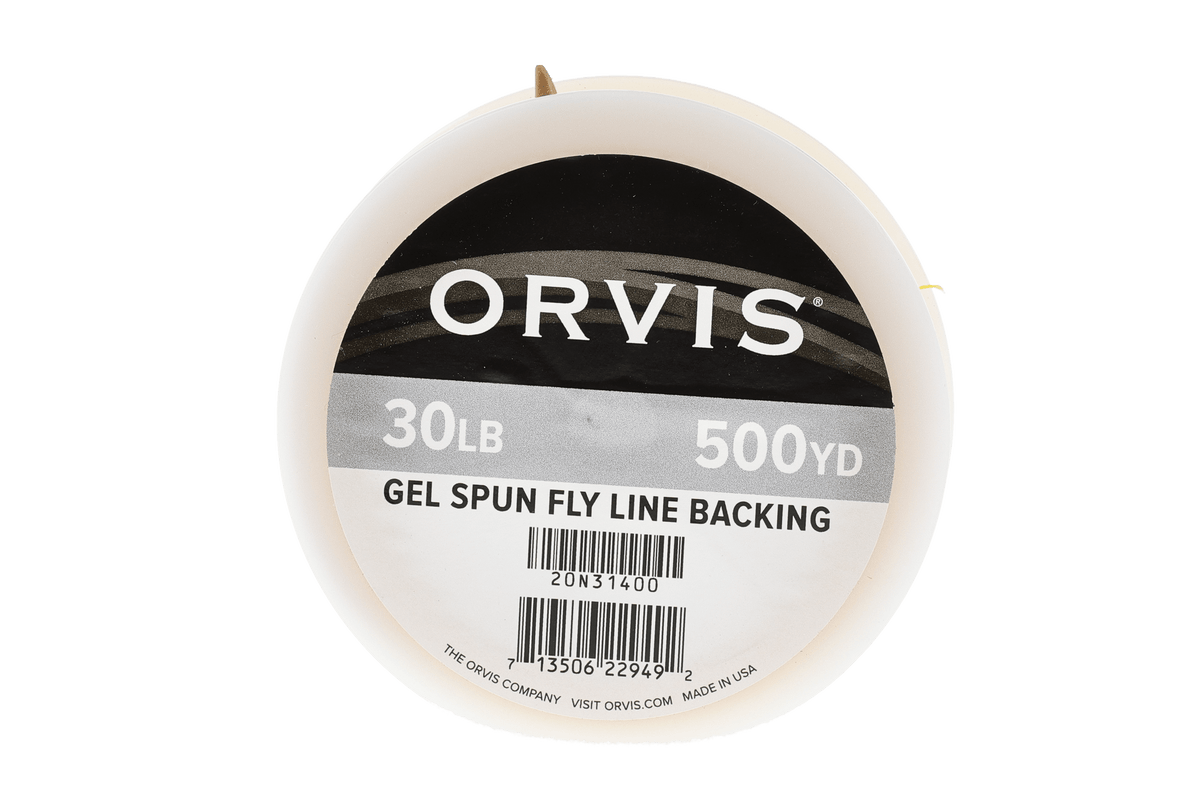 Orvis cream gel-spun fly line backing spool with black and gray label showing 30 lb and 500 yd