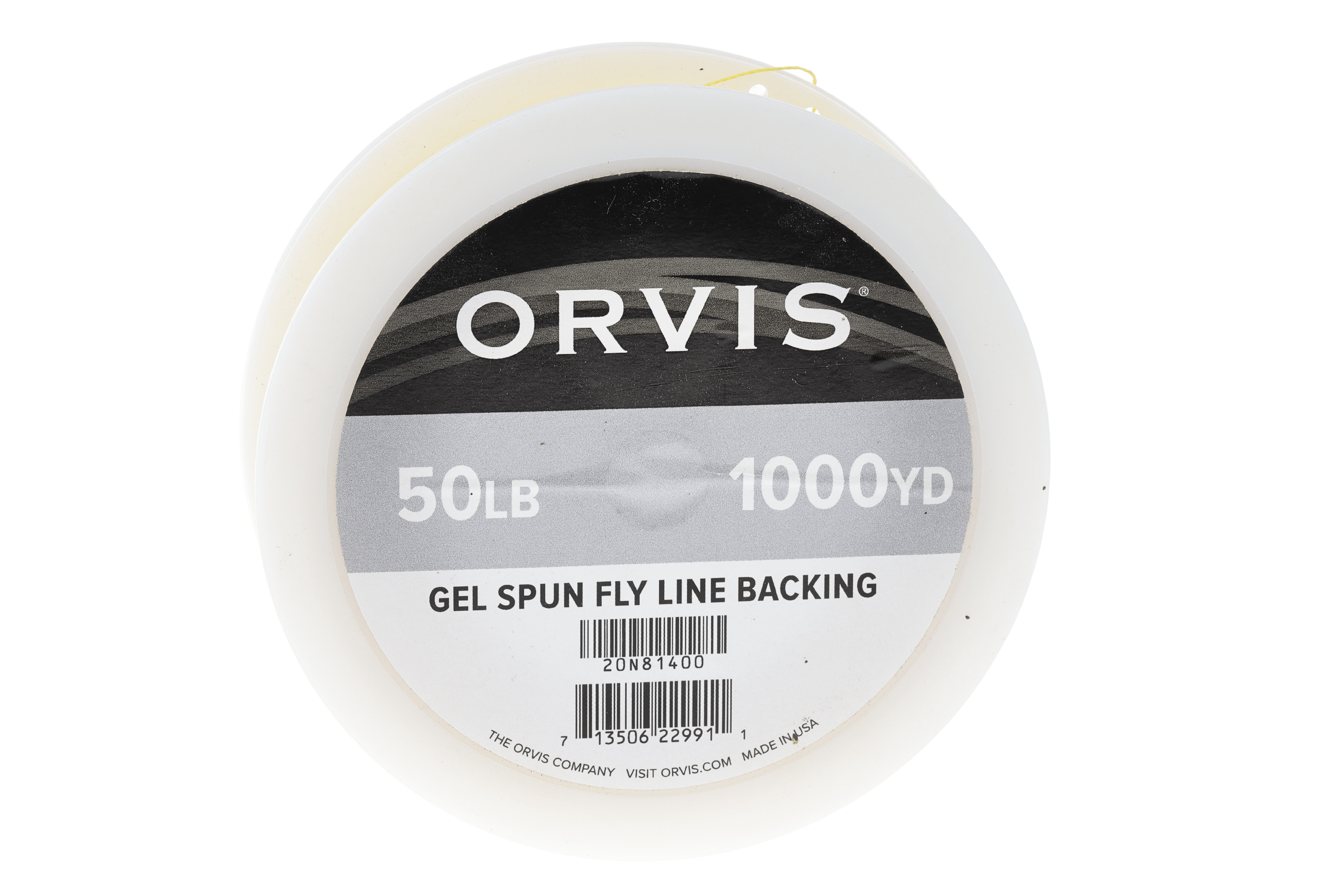 Orvis gel-spun fly line backing spool, translucent off-white gel material on white plastic reel with 50lb 1000yd label