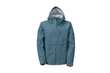Orvis Clearwater hooded rain jacket in slate blue waterproof shell with zip front, chest pockets and adjustable cuffs