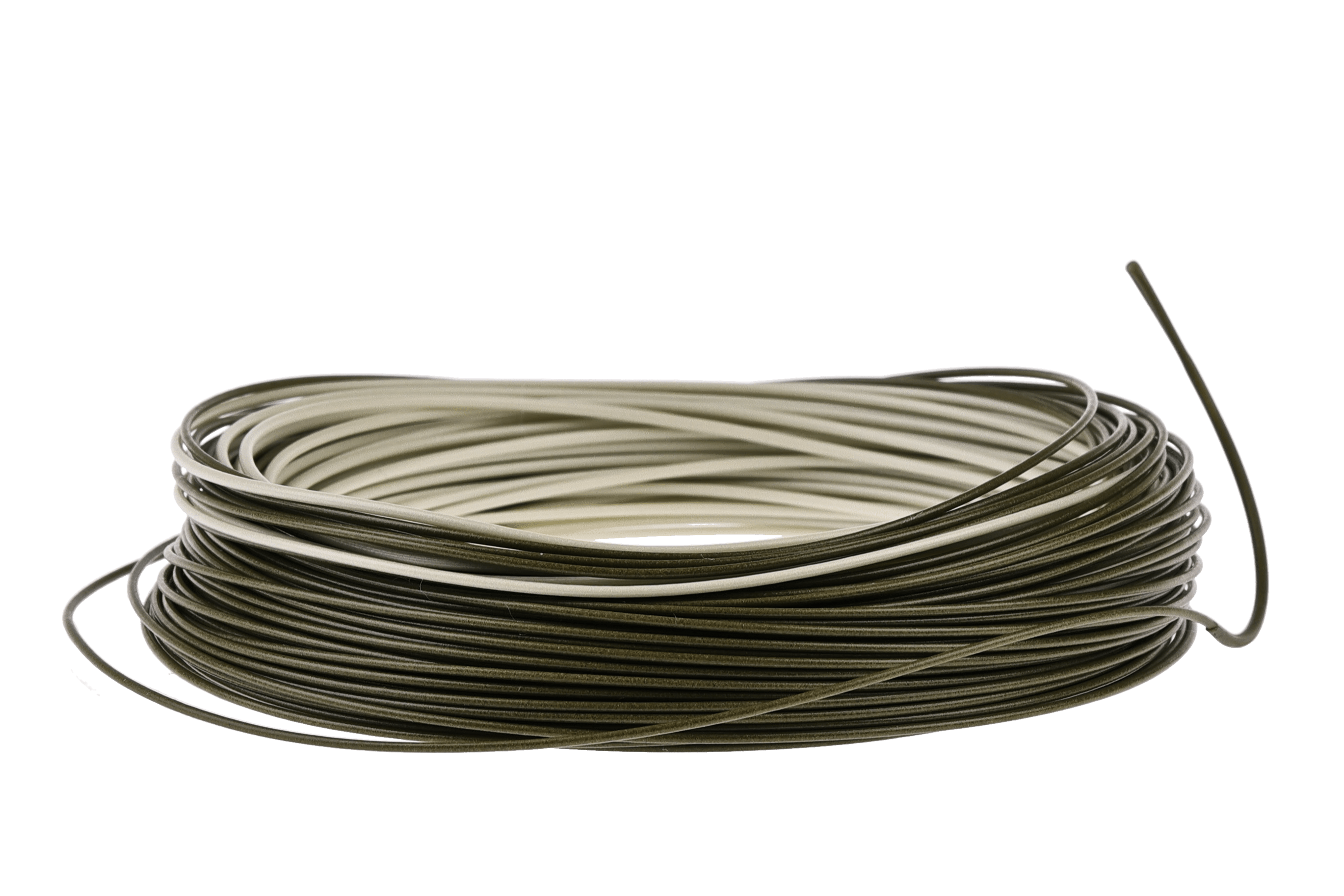 Orvis Hydros superfine fly line coil in olive khaki, thin smooth coated line wound in tight loops