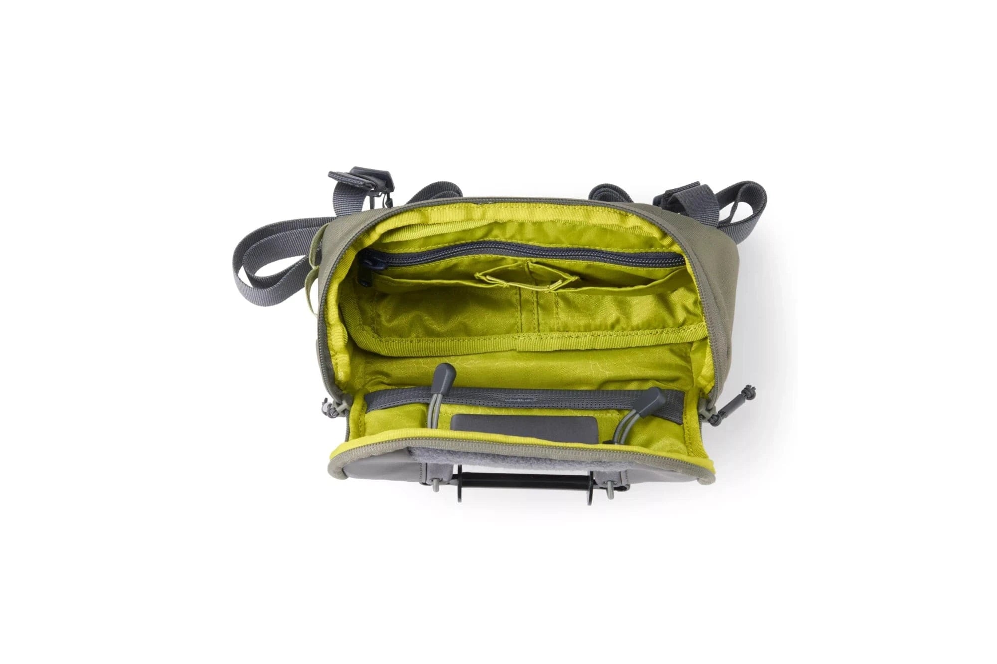 Orvis olive nylon chest/hip pack with bright lime-green interior, zippered pocket, multiple organizer slots and grey straps