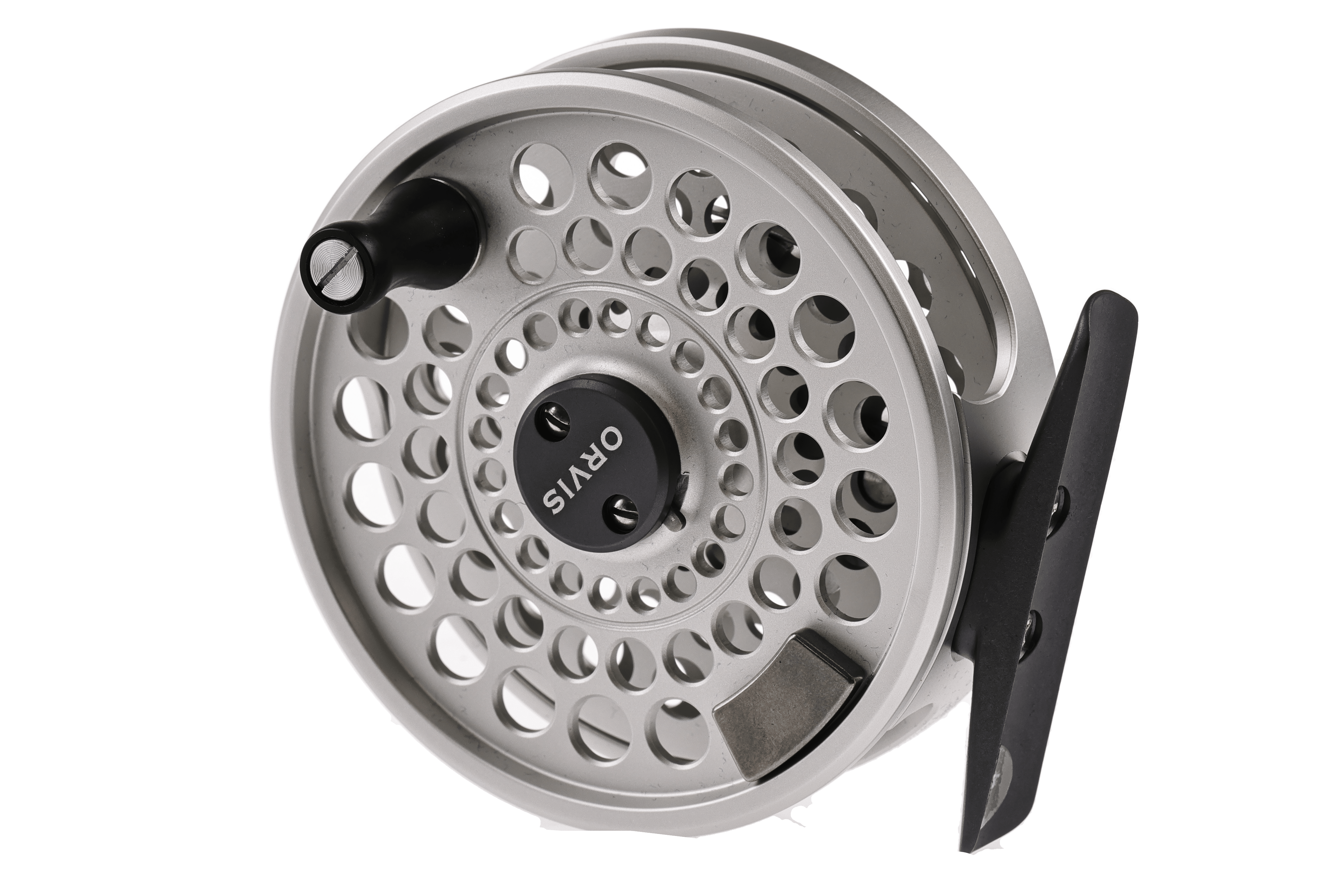 Orvis Battenkill click fly reel, machined silver aluminum spool with perforated design and black handle knob