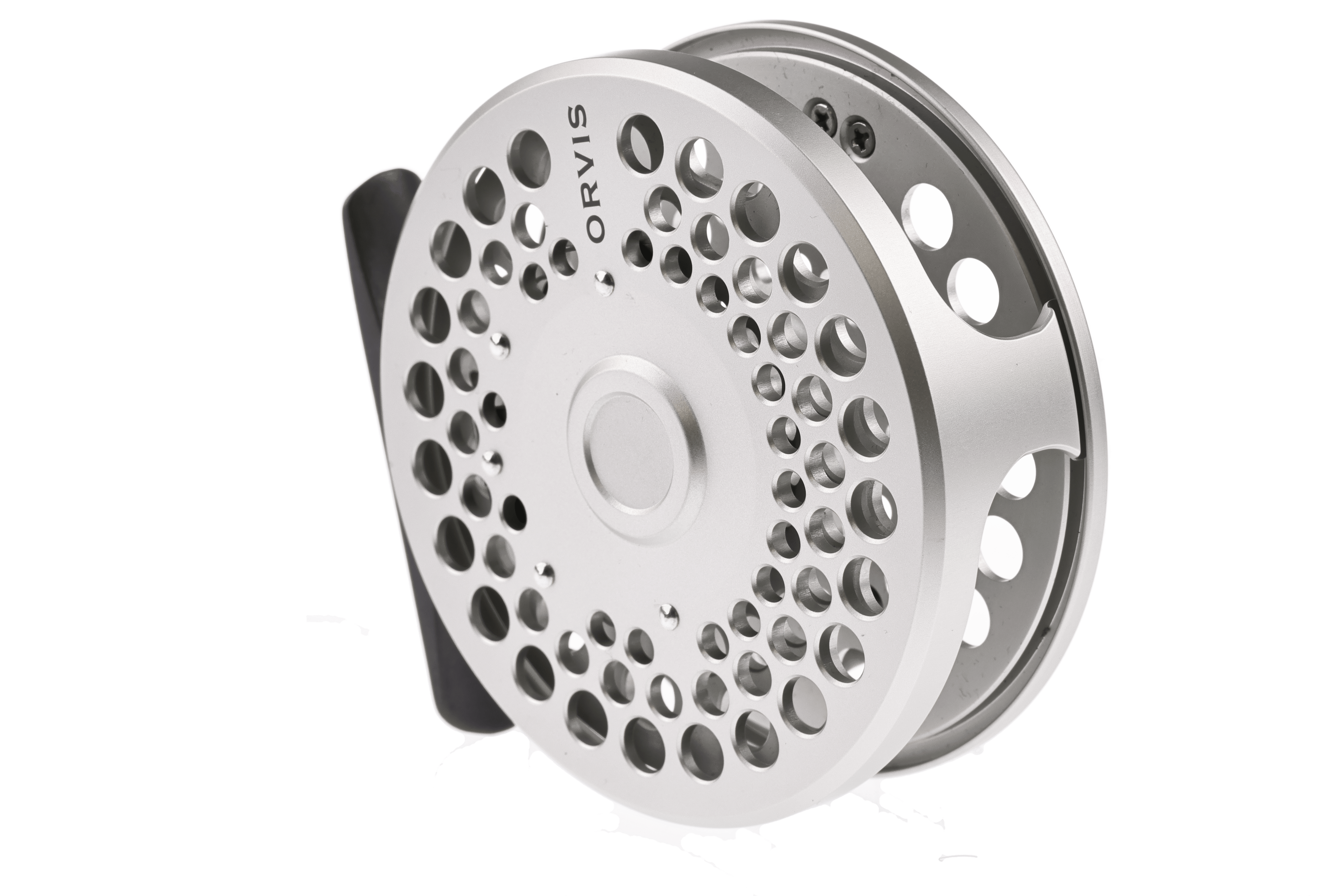Orvis Battenkill silver machined aluminum fly reel with perforated disk spool, classic click-style reel face and logo