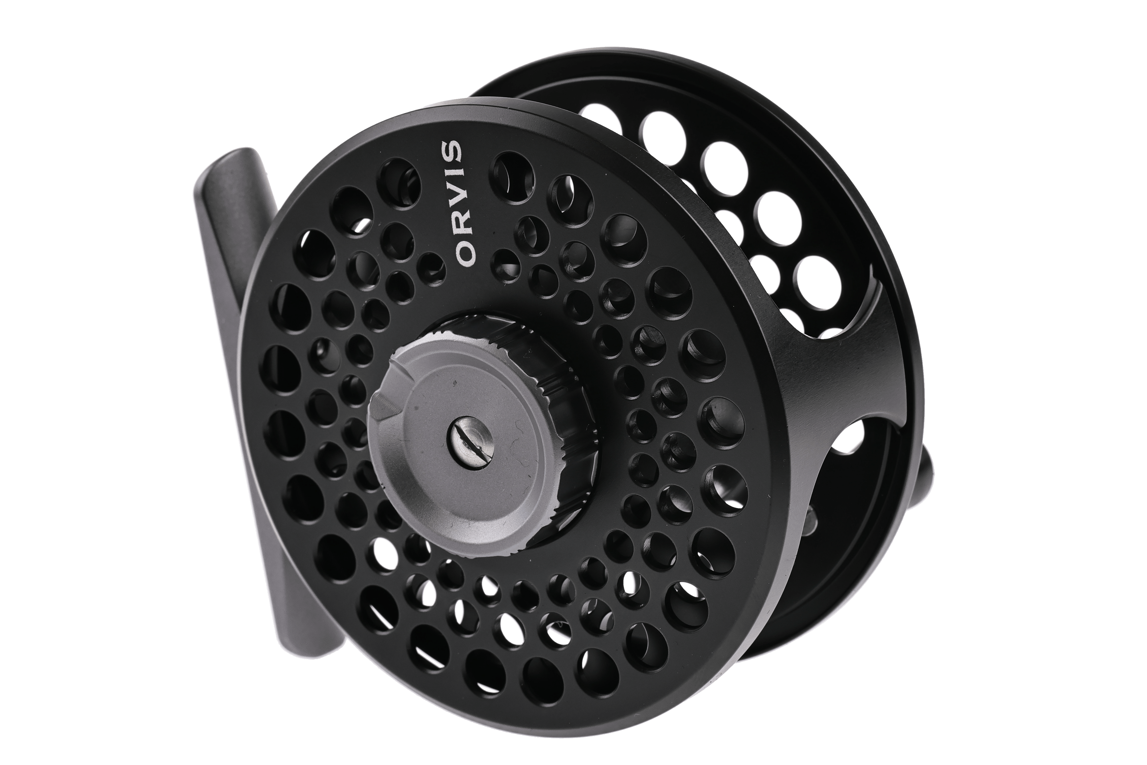 Orvis Battenkill black anodized disc fly reel with perforated spool and knurled drag knob
