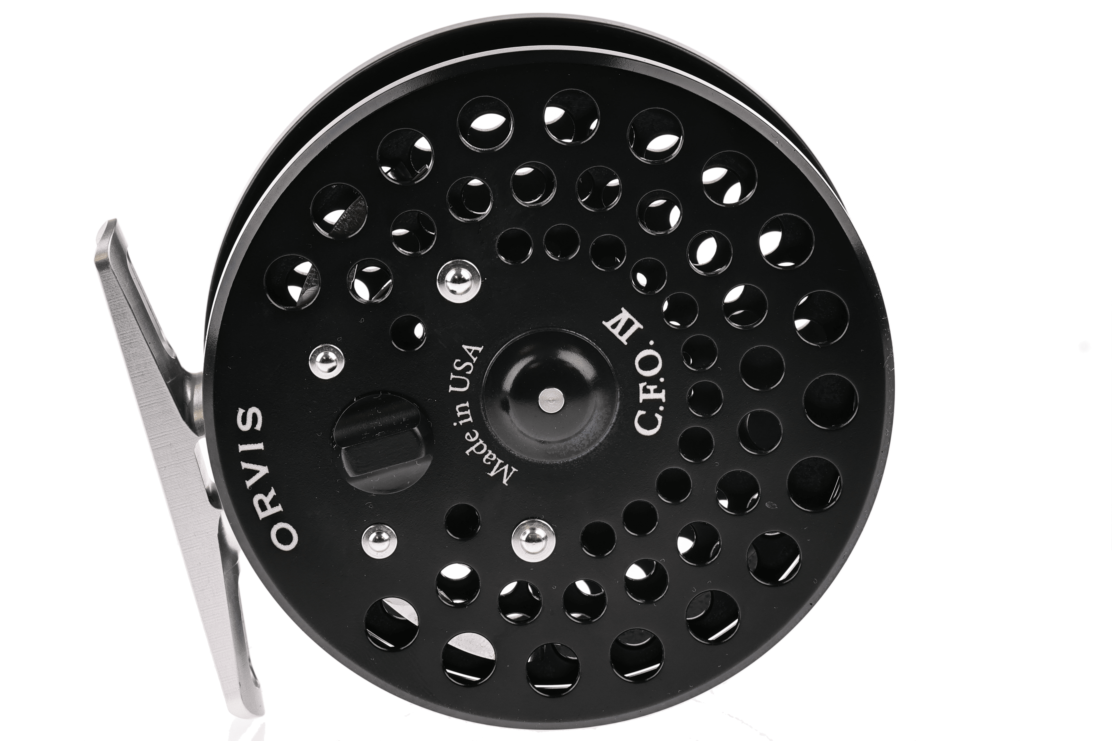 Orvis C.F.O. black anodized fly reel with perforated spool, silver rim and hardware