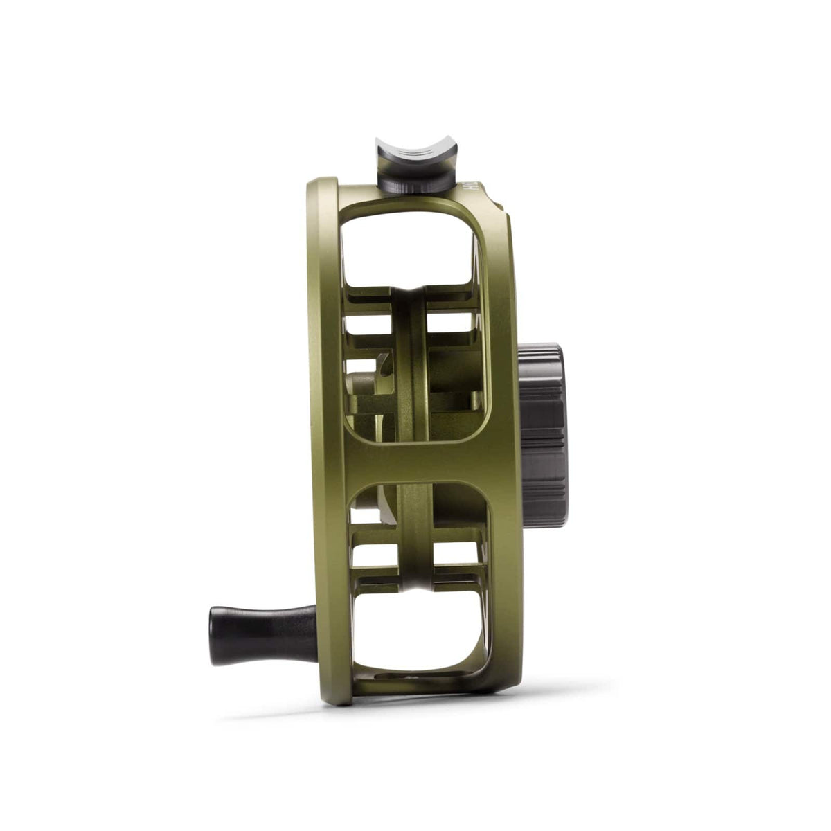 Side profile of the Orvis Hydros II Euro matte olive fly reel showing ventilated full cage frame and black handle knob