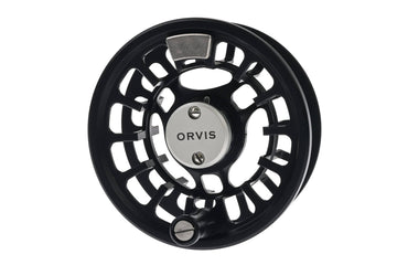 Orvis Hydros spare spool black machined aluminum with silver center cap and open webbed fly reel design