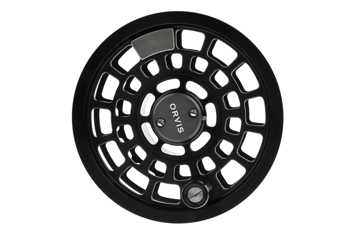 Orvis SSR black disc spey fishing reel spool with circular aluminum design and ventilated spoke pattern