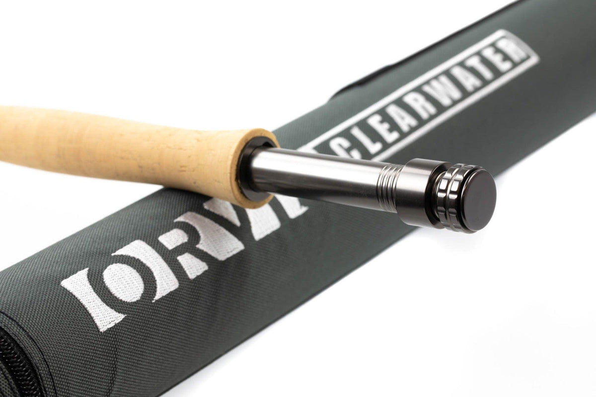 Orvis Clearwater fly rod cork grip and gunmetal reel seat on dark green woven rod tube with Clearwater logo