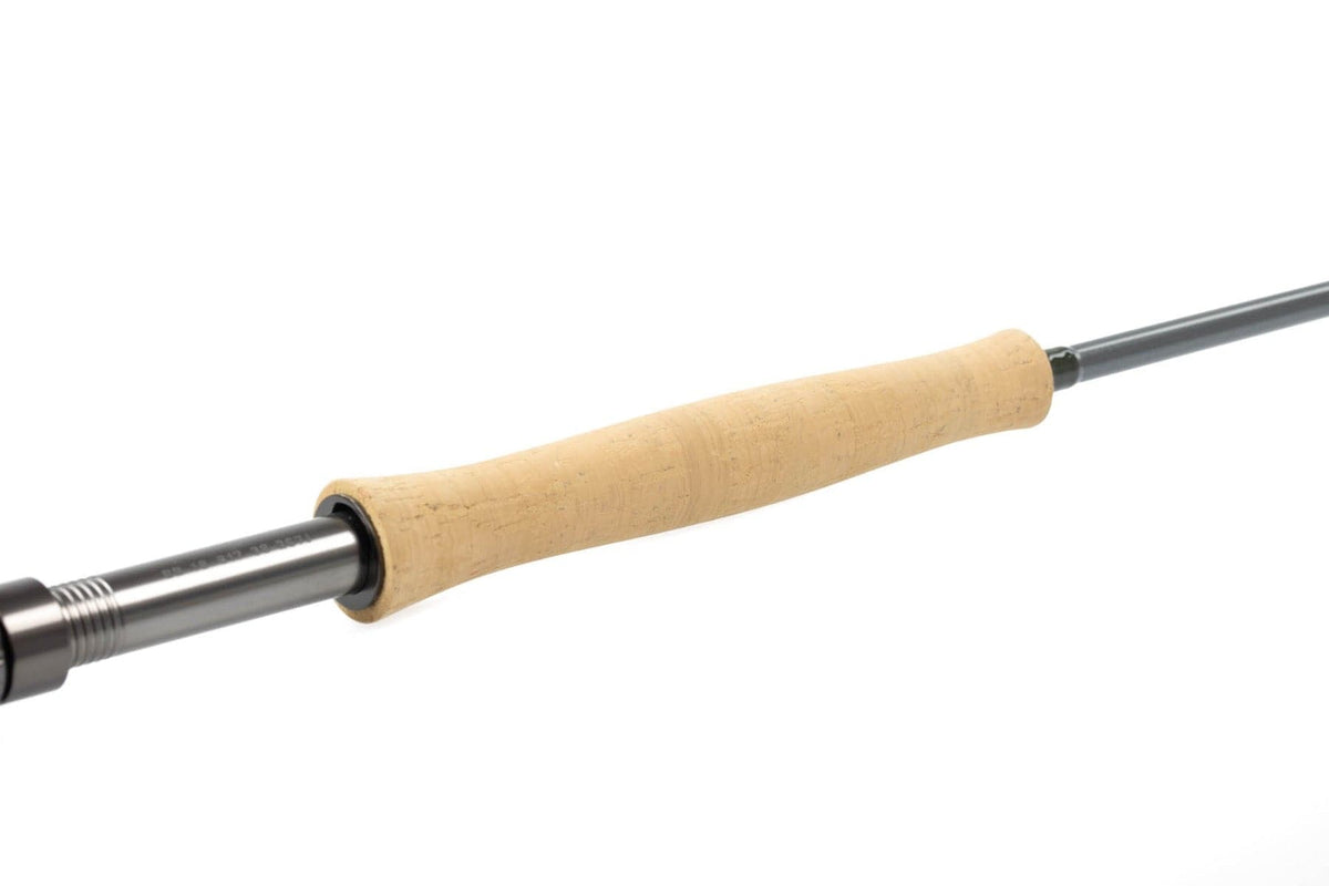 Orvis Clearwater fly rod with natural cork handle, tapered light-tan grip and dark gray graphite blank with metal reel seat
