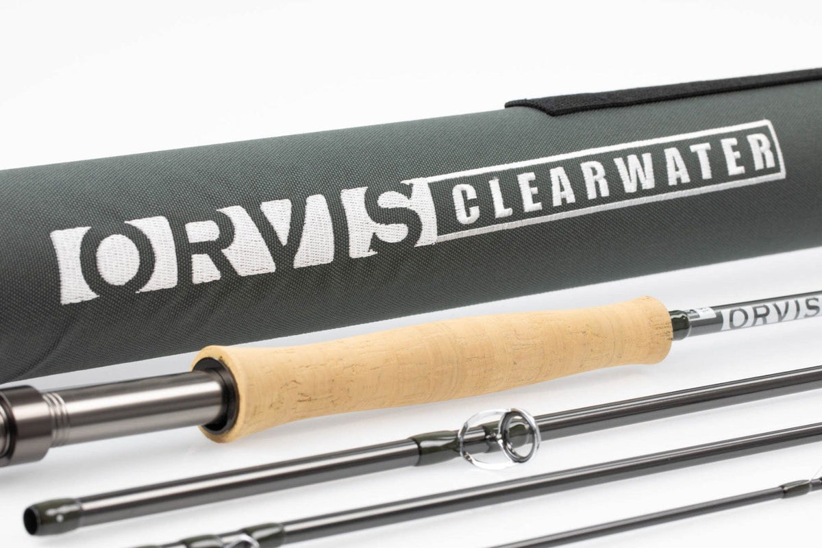 Orvis Clearwater fly rod with olive-green fabric tube and white logo, cork handle, metal reel seat and graphite rod sections
