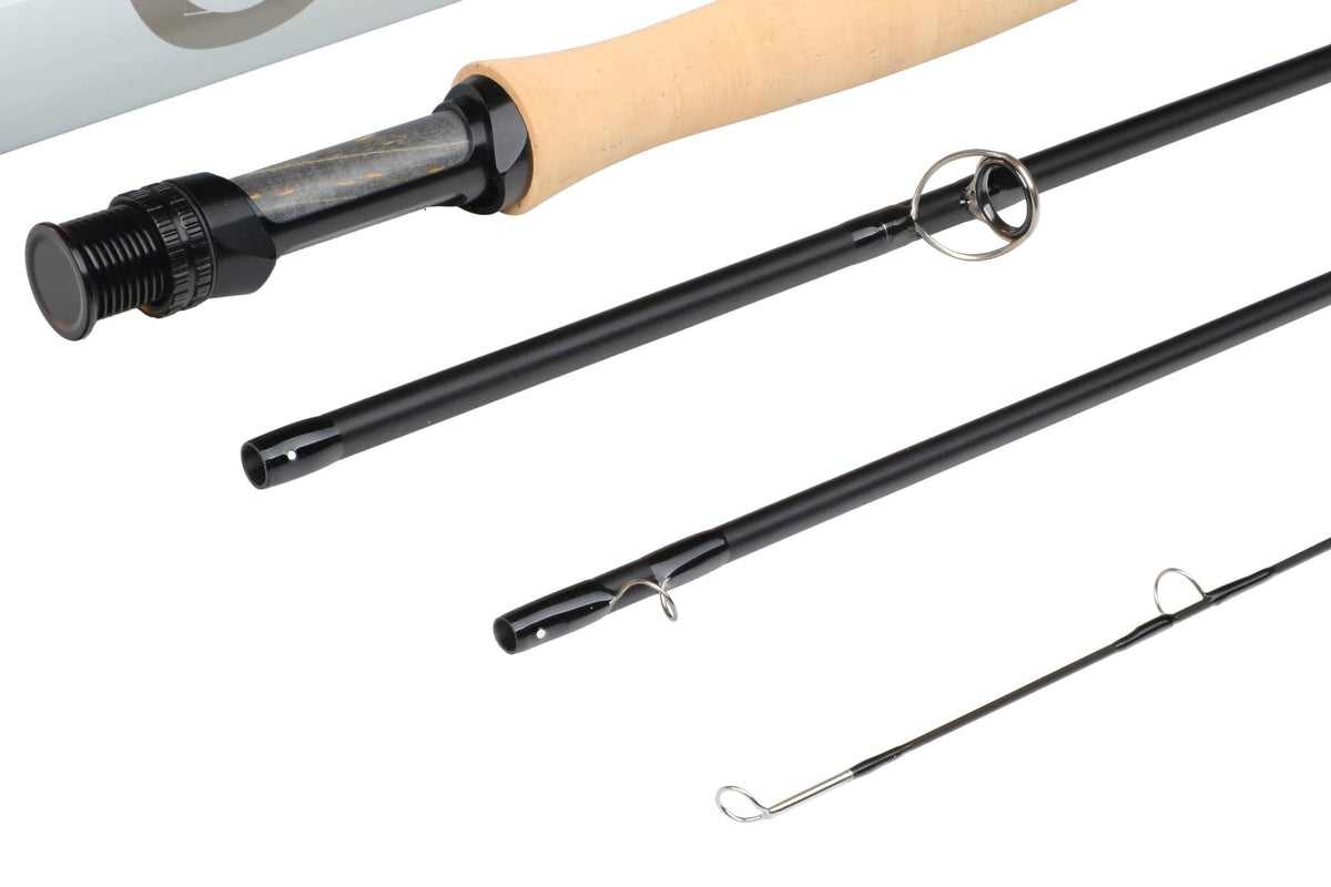 Orvis Helios 4 D fly rod sections with cork handle, black graphite blank, matte black reel seat and silver guides