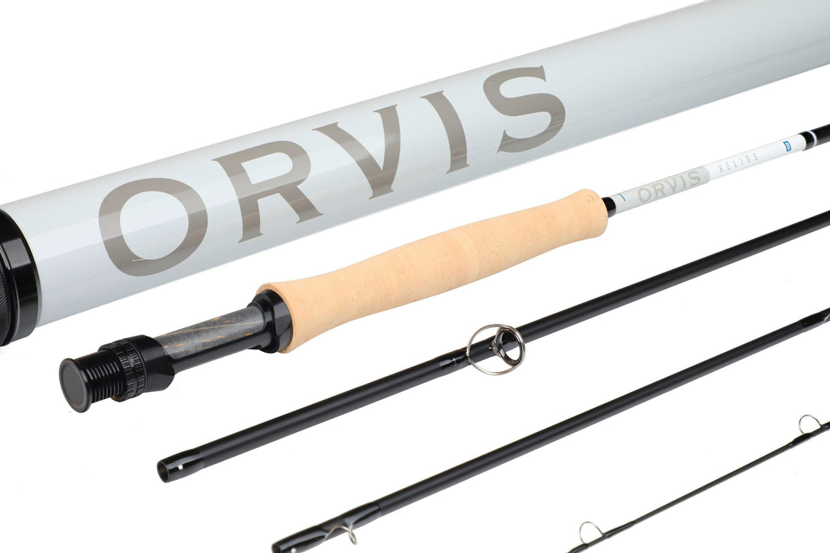 Orvis Helios 4D white travel fly rod with natural cork handle and black graphite sections, white tube with ORVIS logo