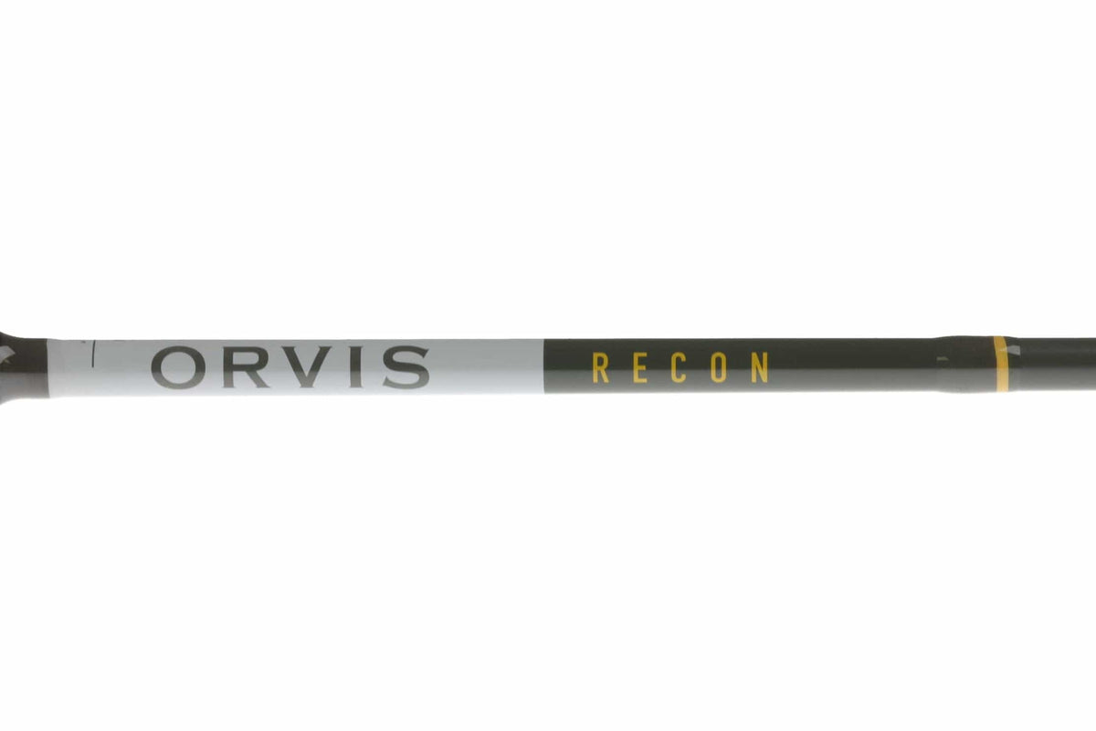 Orvis Recon 3 fly rod, two-tone matte gray and black carbon blank with bold yellow RECON lettering
