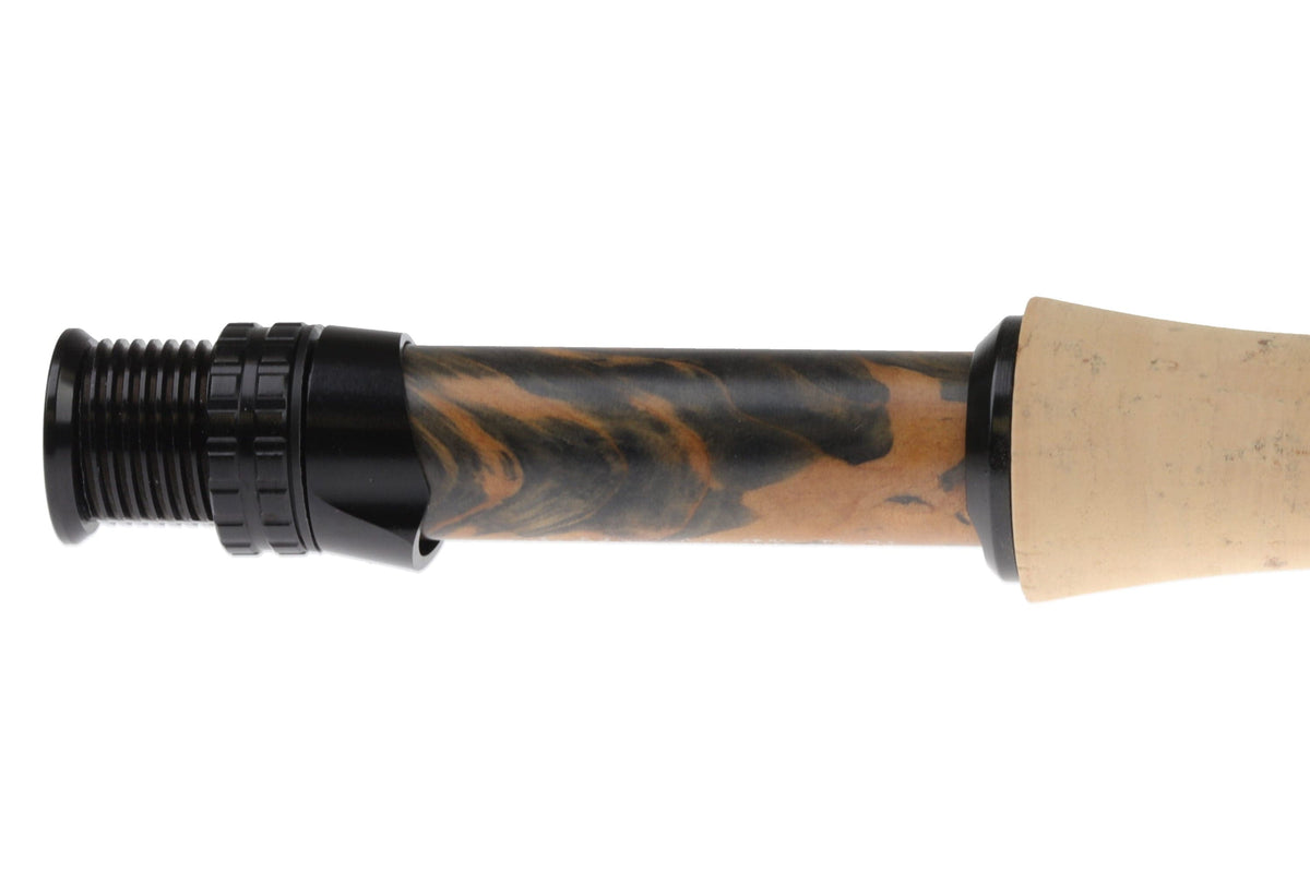 Orvis Recon 3 fly rod cork handle with black anodized reel seat and marbled brown-black woodgrain insert