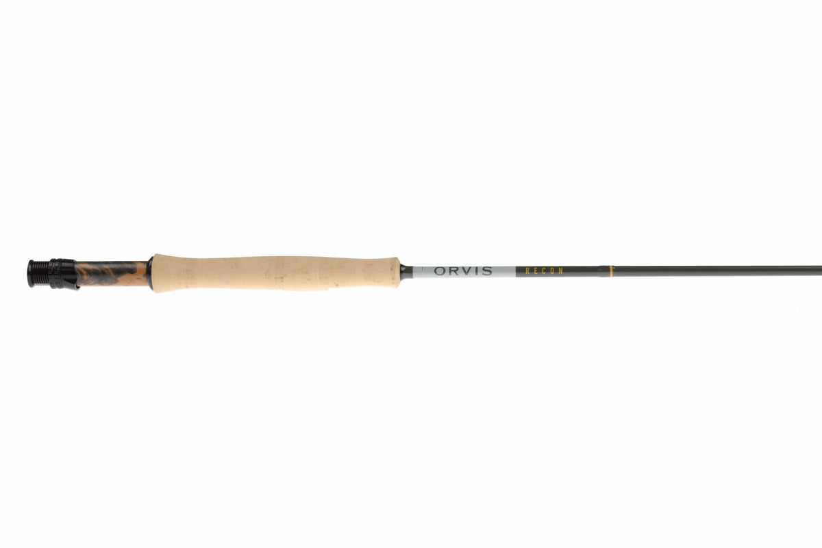 Orvis Recon 3 fly rod with natural cork handle, marbled resin reel seat and dark gray graphite blank labeled RECON