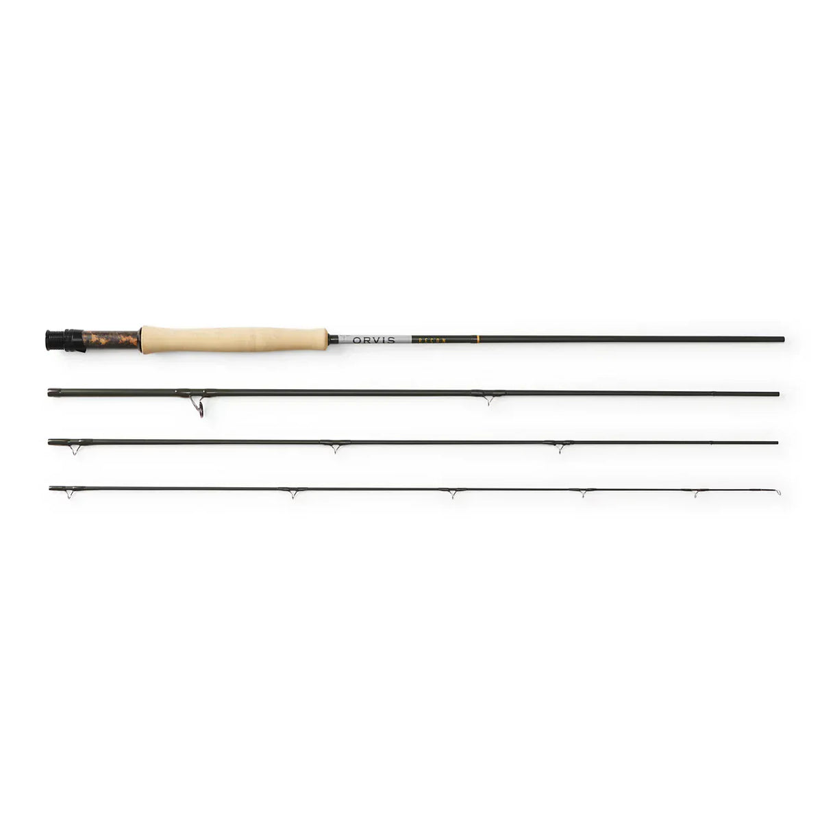 Orvis Recon 3 four-piece graphite fly rod with natural cork handle, matte black blank and stainless guides