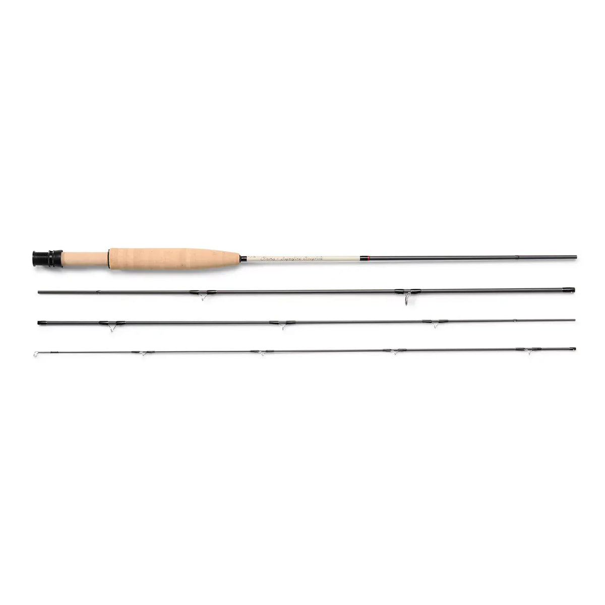 Orvis Superfine Graphite Fly Rod 2026 disassembled sections with cork handle and black graphite blanks displayed horizontally