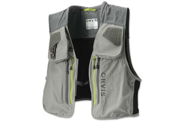 Orvis ultralight gray nylon fishing vest with zip and Velcro pockets, lime zipper accents and black side panels