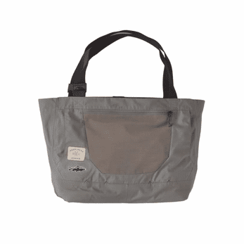 Patagonia ReCrafted gray wader tote bag with darker front pocket, black web handles, durable nylon