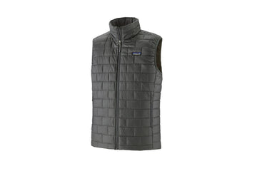 Patagonia men's charcoal gray Nano Puff puffer vest with quilted insulation, high collar and full-length front zipper