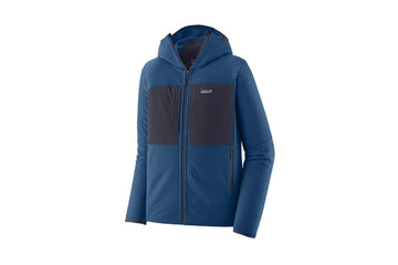 Patagonia men's R2 TechFace hoody in blue with navy chest panels, textured fabric, full-zip and hood