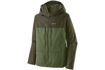 Patagonia Swiftcurrent wading jacket, two-tone olive technical hooded shell with zip chest pockets
