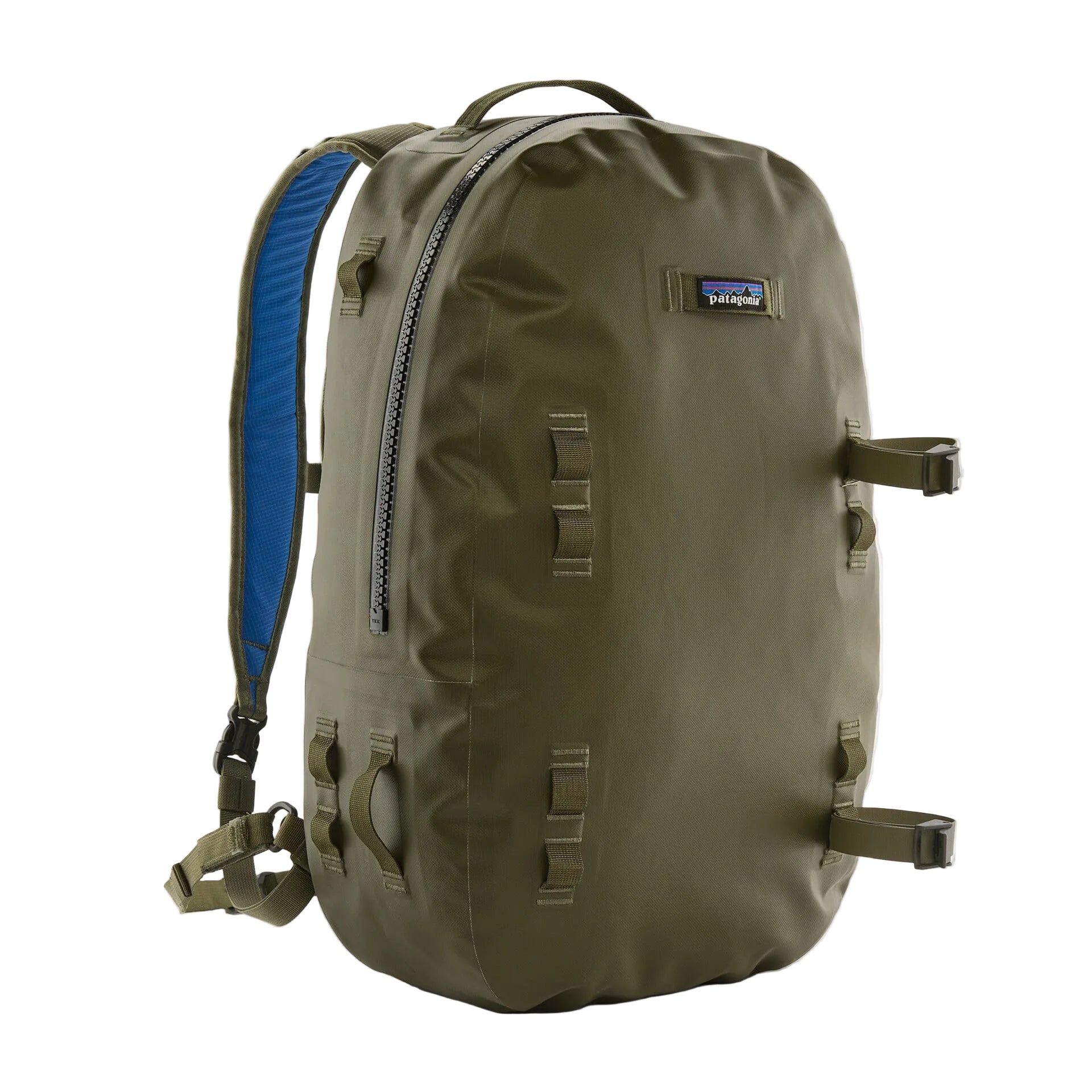 Olive Patagonia backpack with waterproof coated fabric, vertical zipper, daisy-chain gear loops and blue padded strap